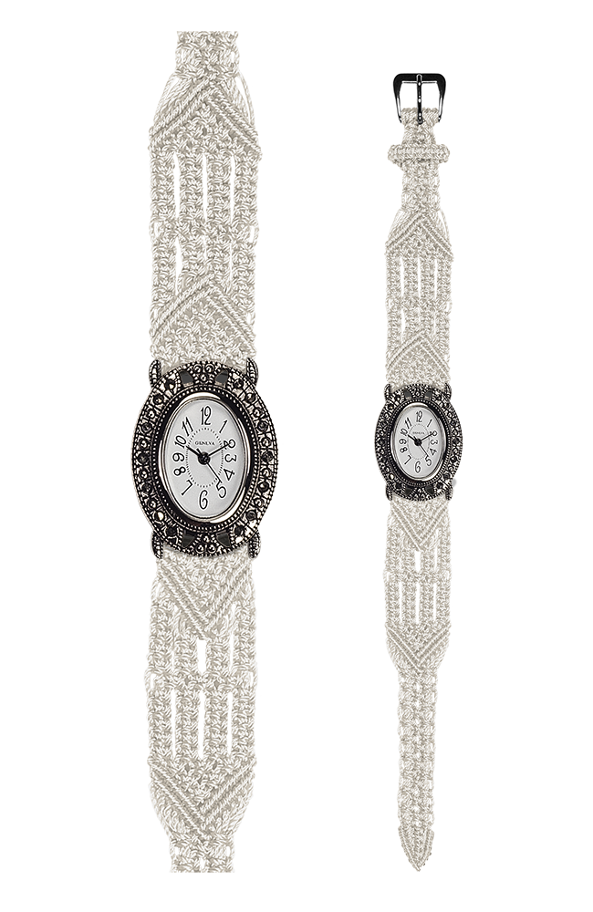 106 White Wide with Vintage Style Oval Marcasite Watch